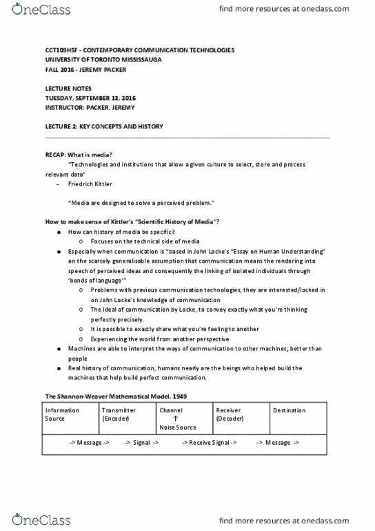 CCT109H5 Lecture Notes - Lecture 2: Friedrich Kittler, University Of Toronto Mississauga, Mnemonic thumbnail