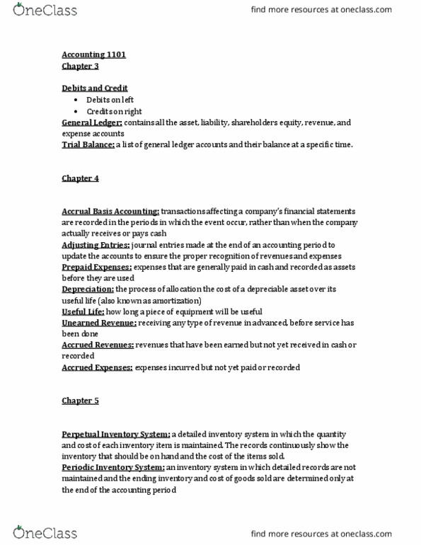 BUSI 1101 Chapter Notes - Chapter 3-5: Deferral, Perpetual Inventory, General Ledger thumbnail