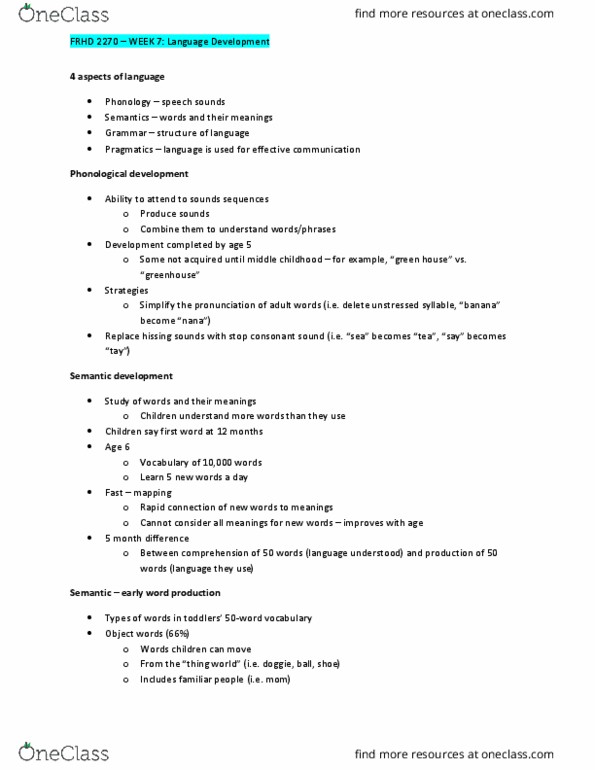 FRHD 2270 Lecture Notes - Lecture 21: Bootstrapping (Linguistics), Noam Chomsky, Language Development thumbnail