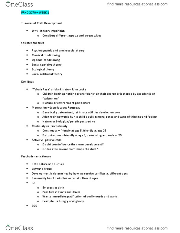 FRHD 2270 Lecture Notes - Lecture 3: Psychodynamics, Tabula Rasa, Relational Theory thumbnail