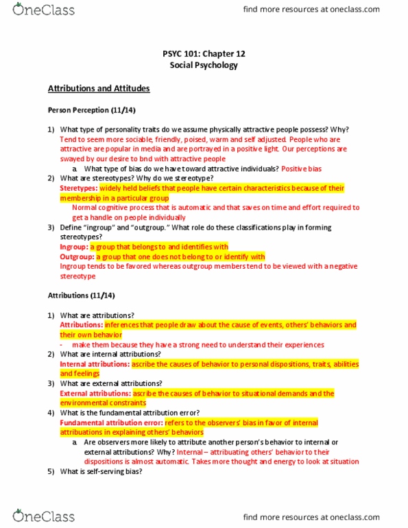 PSYC 101 Chapter Notes - Chapter 12: Fundamental Attribution Error, Ingroups And Outgroups, Observational Learning thumbnail