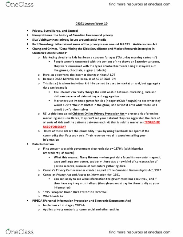 CS101 Lecture Notes - Lecture 10: Data Protection Directive, Canadian Human Rights Act, Data Mining thumbnail