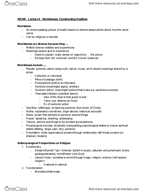 AN100 Lecture Notes - Lecture 6: James George Frazer, Hamatsa, Polytheism thumbnail