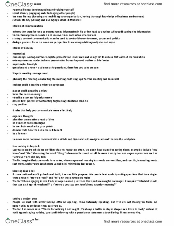 MGTA35H3 Lecture Notes - Lecture 1: Information Transfer, Eye Contact, High Standard Manufacturing Company thumbnail