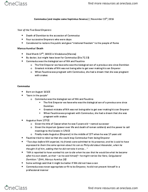 Classical Studies 2903A/B Lecture Notes - Lecture 18: Nerva–Antonine Dynasty, Cassius Dio, Quintus Aemilius Laetus thumbnail