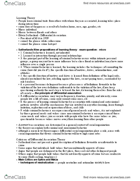 CRM-324 Lecture Notes - Lecture 1: Edwin Sutherland, Differential Association, Social Learning Theory thumbnail