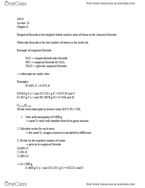 CHEM 1122 Lecture Notes - Lecture 23: Chemical Formula, Empirical Formula, Molecular Mass thumbnail