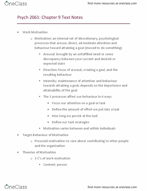 Psychology 2061A/B Chapter Notes - Chapter 9: Work Motivation, Internal Set, Expectancy Theory thumbnail