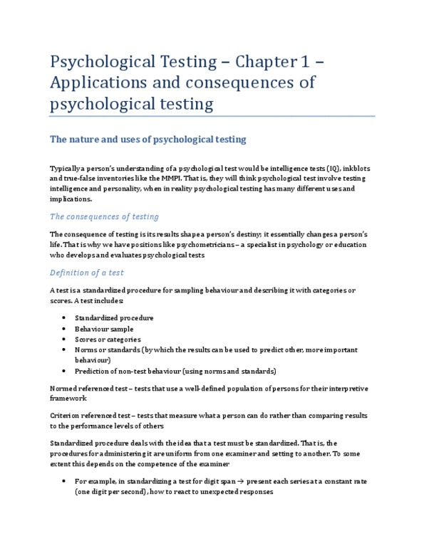 PSYC37H3 Chapter Notes - Chapter 1: Psychological Testing thumbnail