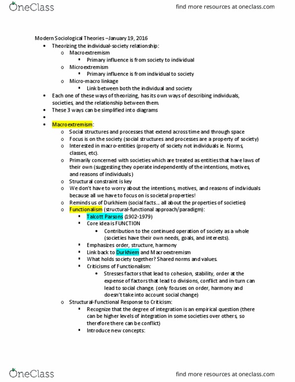 SOCI 201 Lecture Notes - Lecture 3: Talcott Parsons, Manifest And Latent Functions And Dysfunctions, Social Inequality thumbnail