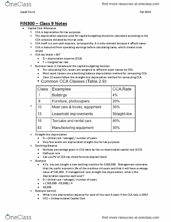 FIN 300 Lecture Notes - Lecture 9: Capital Cost Allowance, Tax Shield, Tax Rate thumbnail