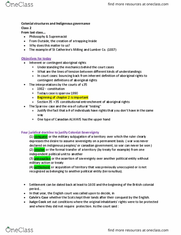 LAWS 3504 Lecture Notes - Lecture 2: Terra Nullius, Ipso Facto, Evolutionism thumbnail