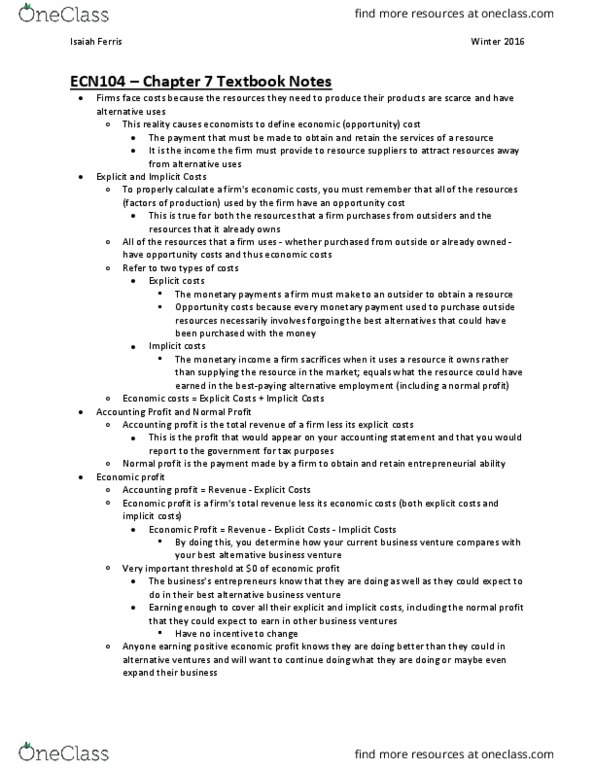 ECN 104 Chapter Notes - Chapter 7: Average Cost, Profit (Economics), Marginal Revenue thumbnail