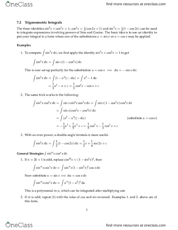 MATH 2B Chapter Notes - Chapter 7.2: Fo Tan, Trigonometric Integral, Scilab thumbnail