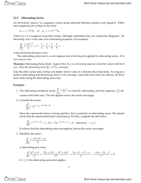 MATH 2B Chapter Notes - Chapter 11.5: Alternating Series Test, Monotone Convergence Theorem, Subsequence thumbnail