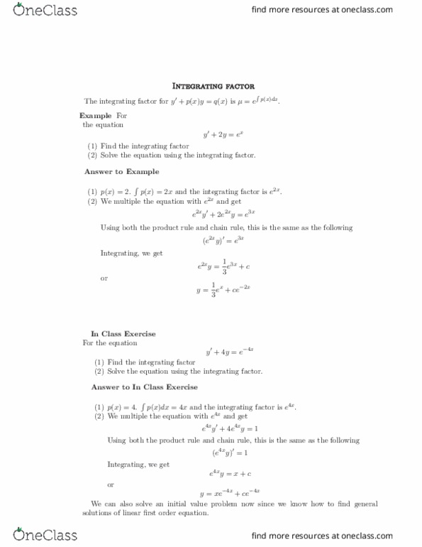 MATH 046 Lecture Notes - Lecture 7: Integrating Factor, Product Rule thumbnail