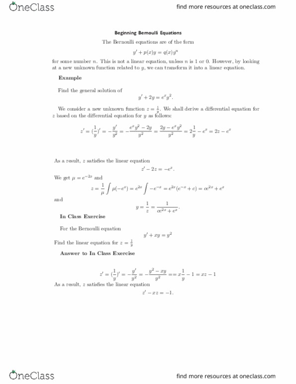 MATH 046 Lecture 9: Beginning Bernoulli Equations thumbnail