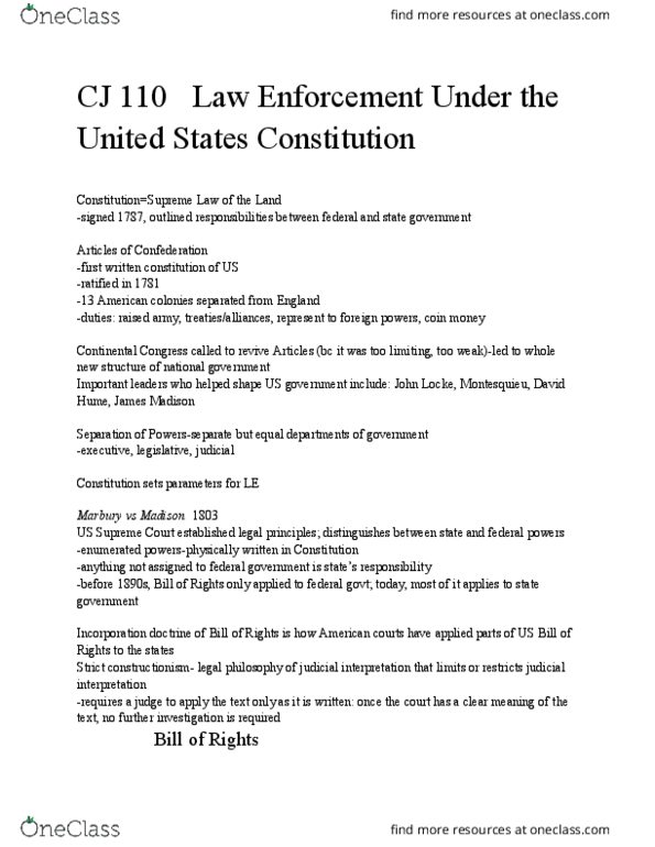 CJ 110 Lecture Notes - Lecture 4: United States Constitution, Incorporation Of The Bill Of Rights, Montesquieu thumbnail