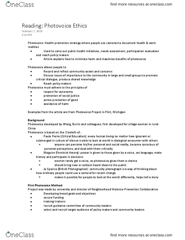 Health Sciences 2711A/B Lecture Notes - Lecture 2: Photovoice, Paulo Freire, Jo Spence thumbnail