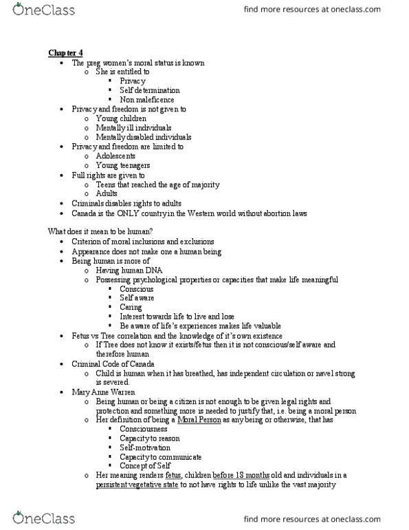 Health Sciences 2610F/G Chapter Notes - Chapter 4: Judith Jarvis Thomson, Fetus, Brain Death thumbnail