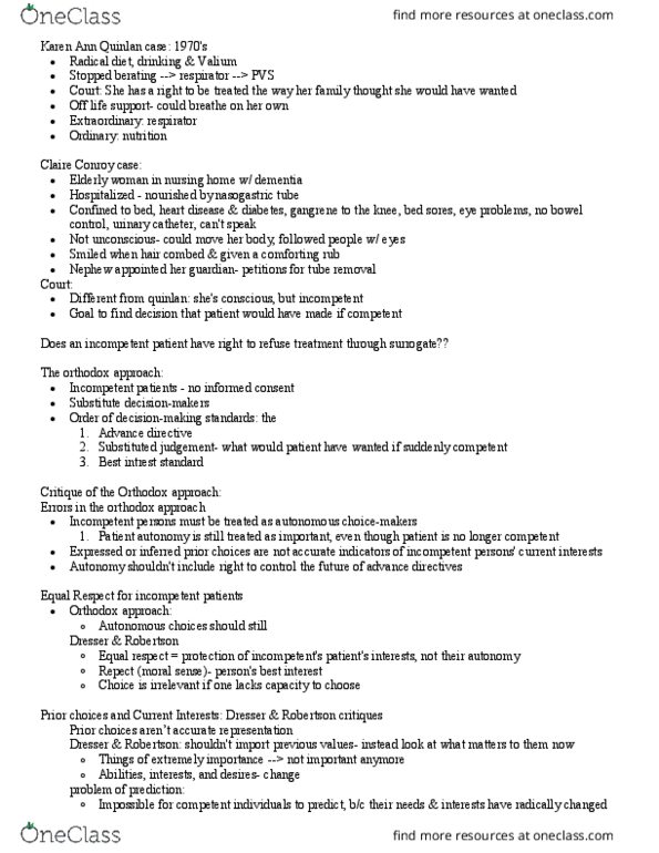 PHL281H1 Lecture Notes - Lecture 11: Advance Healthcare Directive, Nasogastric Intubation, Urinary Catheterization thumbnail