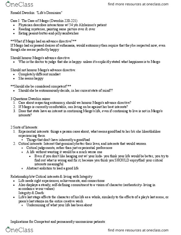 PHL281H1 Lecture Notes - Lecture 10: Ronald Dworkin, Advance Healthcare Directive thumbnail