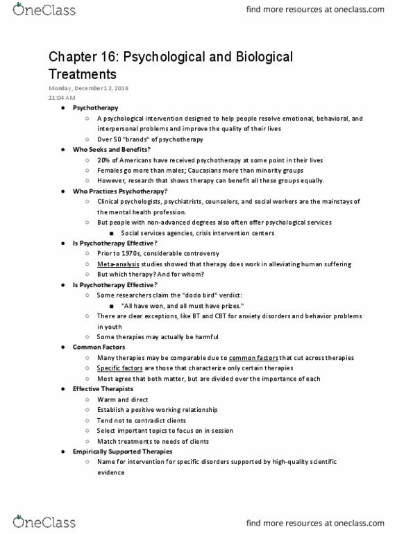 PSY 101 Lecture Notes - Lecture 12: Cognitive Behavioral Therapy, Spontaneous Remission, Psychosis thumbnail