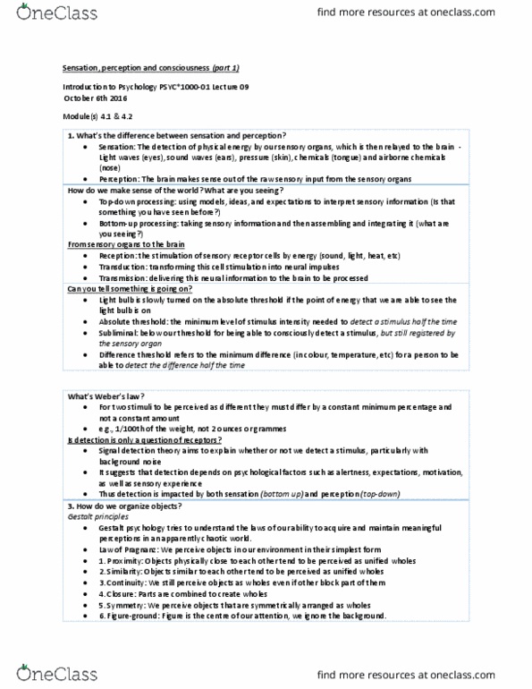 PSYC 1000 Lecture Notes - Lecture 9: Detection Theory, Electric Light, Absolute Threshold thumbnail