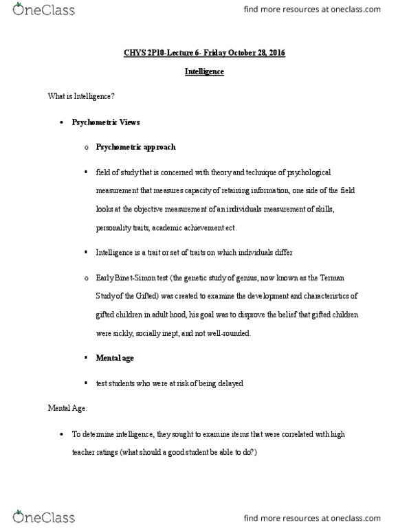 CHYS 2P35 Lecture Notes - Lecture 6: Intelligence Quotient, Fluid And Crystallized Intelligence, Wechsler Intelligence Scale For Children thumbnail