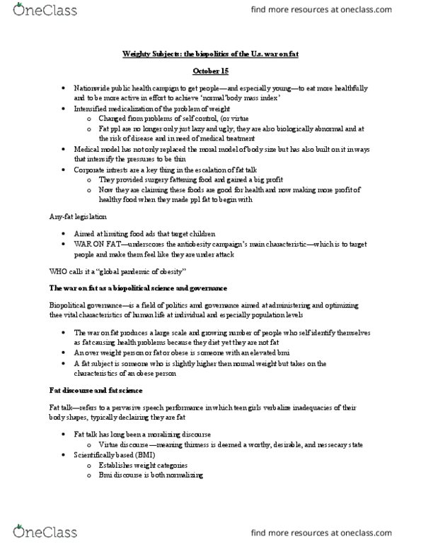 SOSC 2150 Lecture Notes - Lecture 6: Biopolitics, Medical Model, Medicalization thumbnail