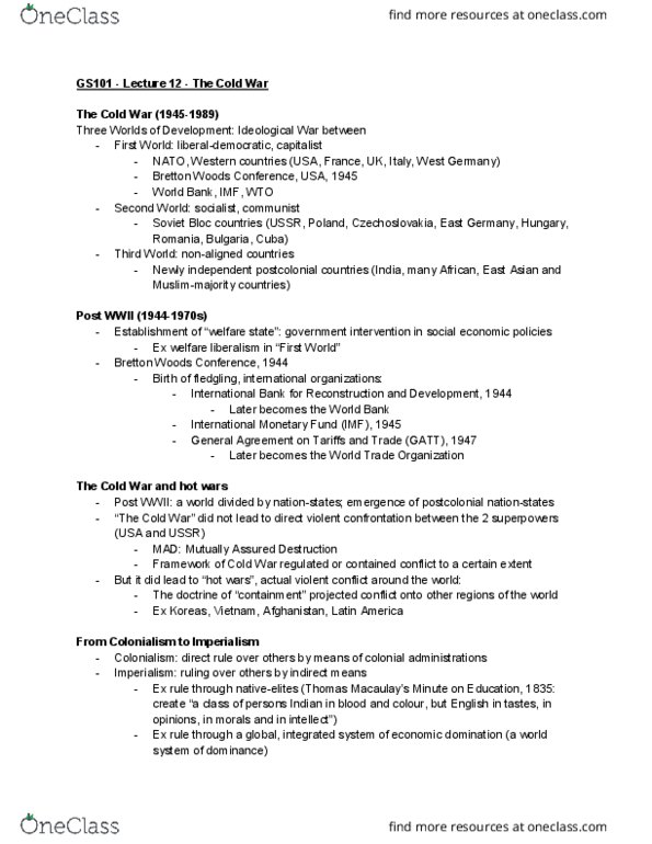 GS101 Lecture Notes - Lecture 12: Bretton Woods Conference, Mutual Assured Destruction, General Agreement On Tariffs And Trade thumbnail