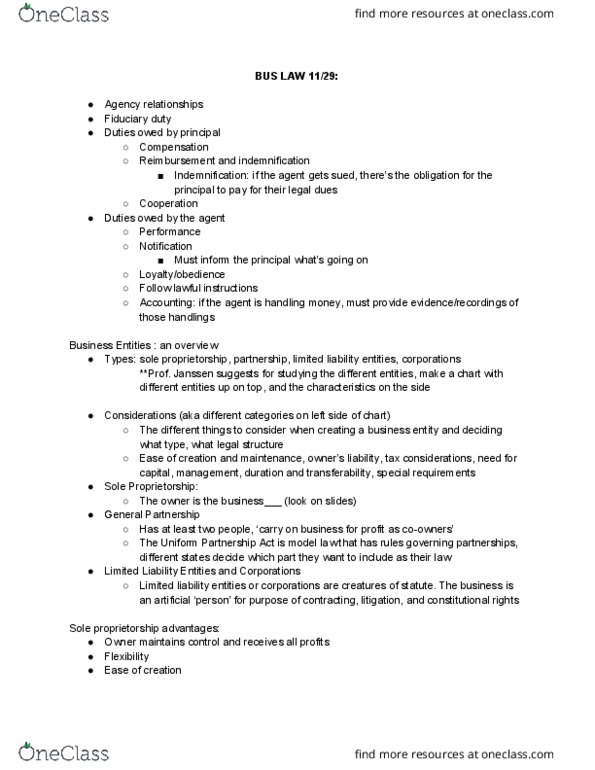 BUS 207 Lecture Notes - Lecture 9: Uniform Partnership Act, Sole Proprietorship, Legal Personality thumbnail