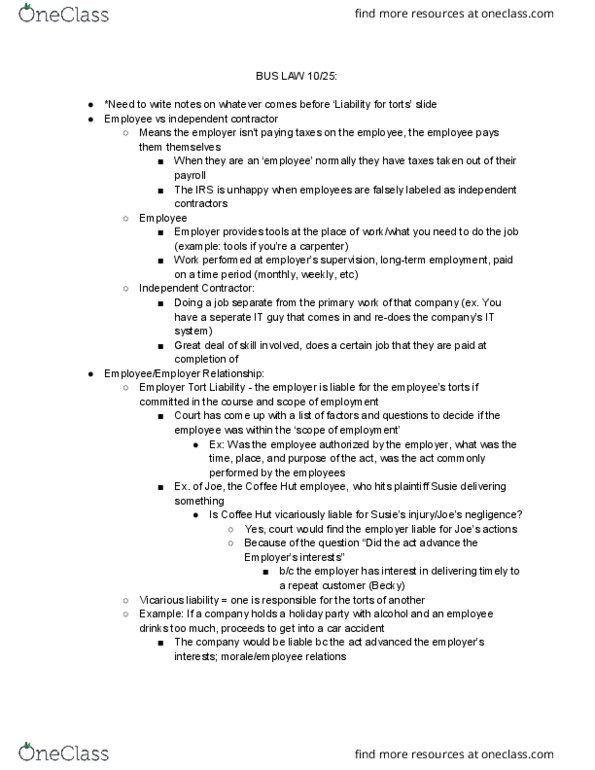 BUS 207 Lecture Notes - Lecture 5: Intentional Tort, Tort Reform, Independent Contractor thumbnail