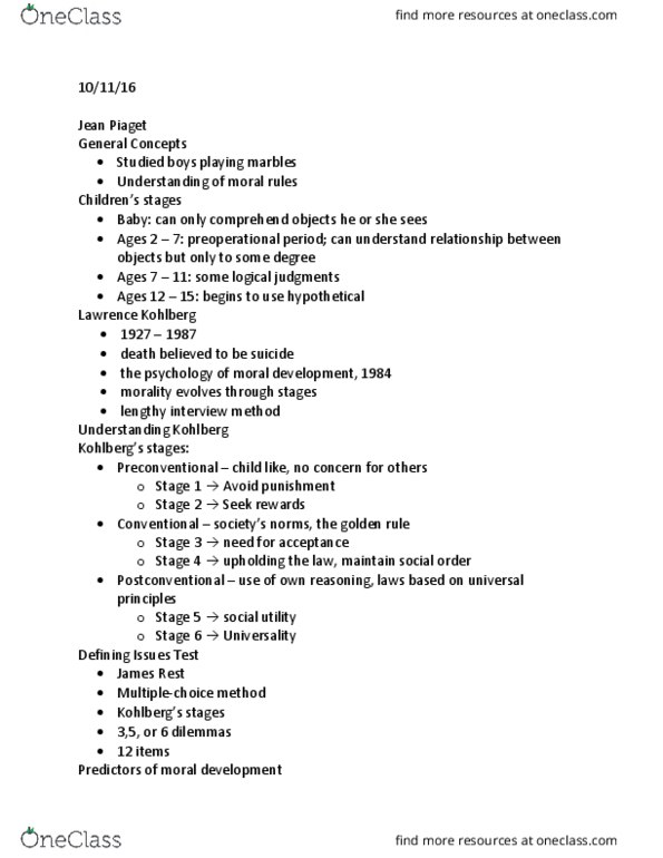 COMM 4334 Lecture Notes - Lecture 8: Lawrence Kohlberg, James Rest, Jean Piaget thumbnail