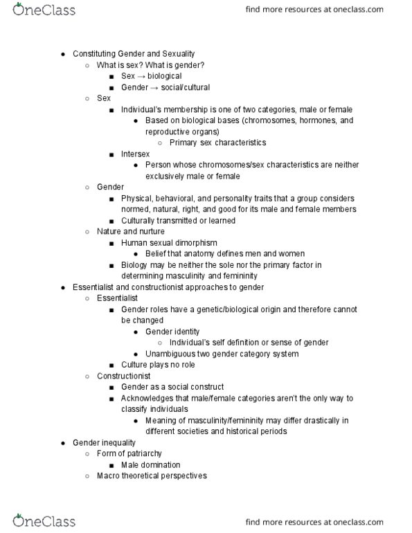 SYG 2000 Chapter Notes - Chapter 9: Gender Identity, Gender Inequality, Conflict Theories thumbnail