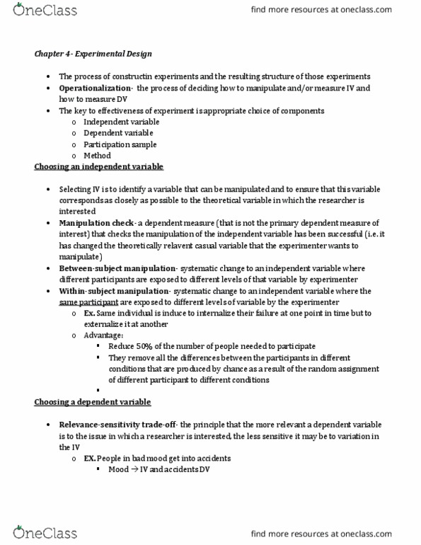 PSYC 2030 Chapter Notes - Chapter 4: Internal Validity, Random Assignment, Operationalization thumbnail