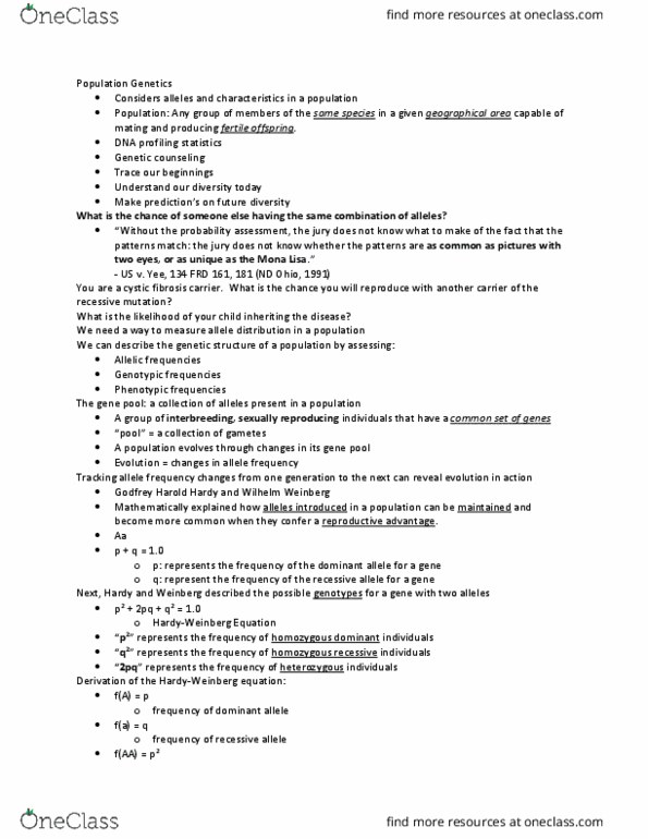 MCB 2400 Lecture Notes - Lecture 15: G. H. Hardy, Wilhelm Weinberg, Allele Frequency thumbnail