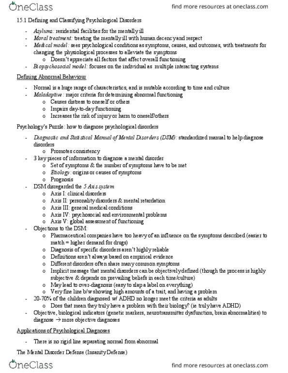 PSY100H1 Chapter Notes - Chapter 15.1: Intellectual Disability, Mental Disorder, Biopsychosocial Model thumbnail