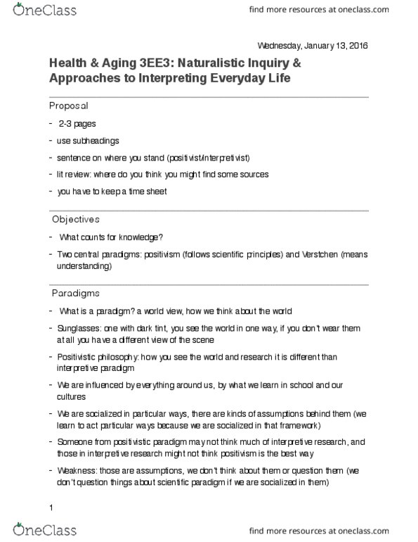 HLTHAGE 3EE3 Lecture Notes - Lecture 3: Symbolic Interactionism, Positivism, Social Fact thumbnail