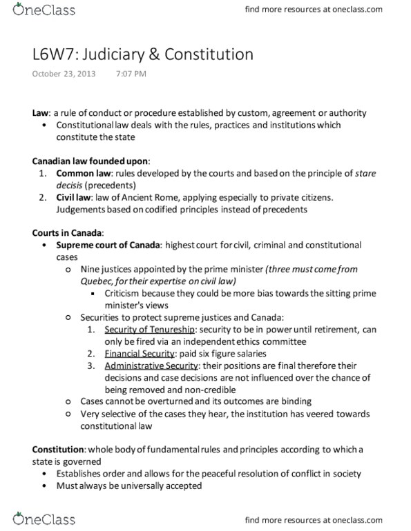 POLS 1400 Lecture Notes - Lecture 6: Precedent, Canadian Human Rights Act, Individual Ministerial Responsibility thumbnail