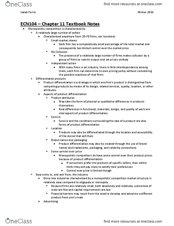 ECN 104 Chapter 11: ECN104 - Chapter 11 Textbook Notes thumbnail