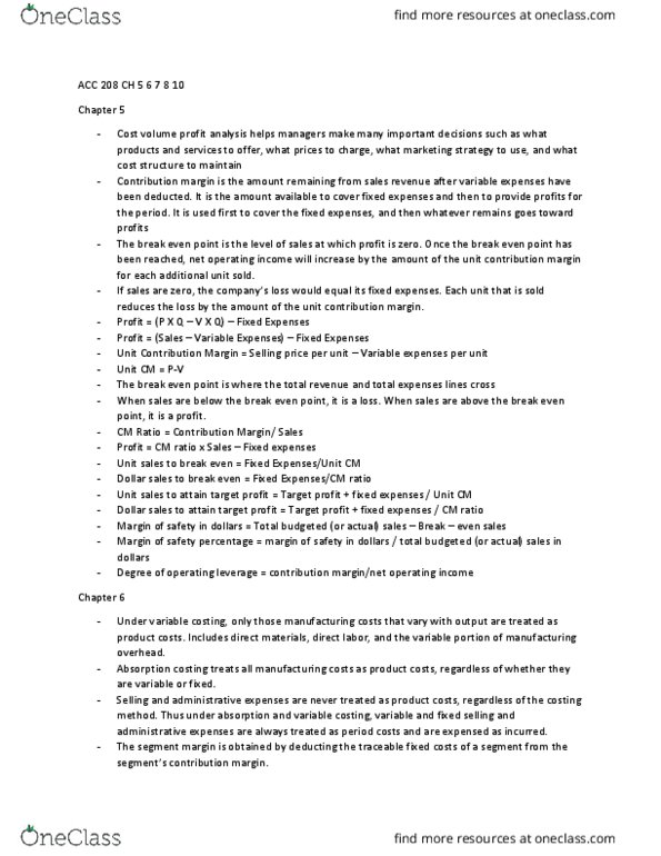 ACC 208 Lecture Notes - Lecture 14: Earnings Before Interest And Taxes, Contribution Margin, Operating Leverage thumbnail