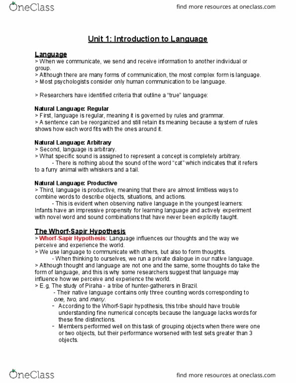 PSYCH 1X03 Lecture Notes - Lecture 4: Language Production, Complex Differential Form, Animal Communication thumbnail