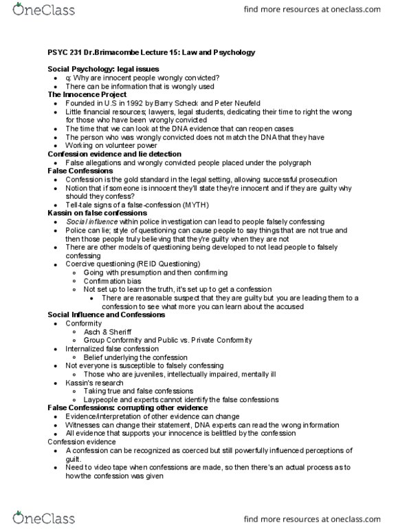 PSYC 231 Lecture Notes - Lecture 15: Barry Scheck, Peter Neufeld, Lie Detection thumbnail