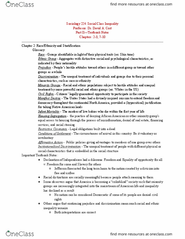 SOCIOL 224 Chapter Notes - Chapter 2-3, 7-10: Institutionalized Discrimination, Occupational Segregation, Housing Segregation In The United States thumbnail