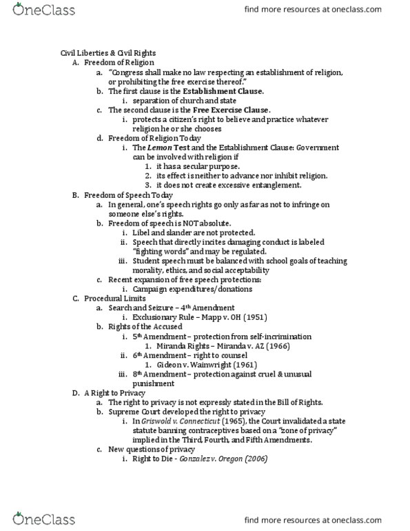 PSC 100 Lecture Notes - Lecture 6: Free Exercise Clause, Establishment Clause, Lemon V. Kurtzman thumbnail