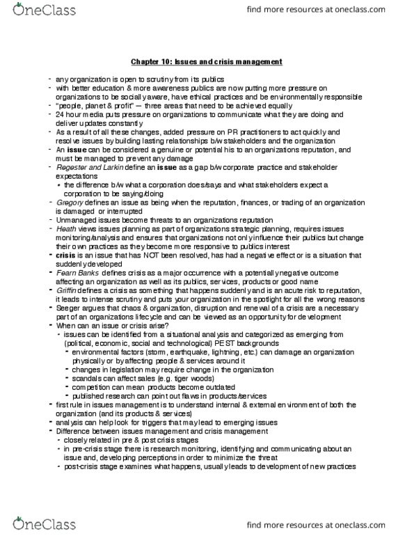 CMST 2PR3 Chapter Notes - Chapter 10: Crisis Management, Stakeholder Management, Swot Analysis thumbnail