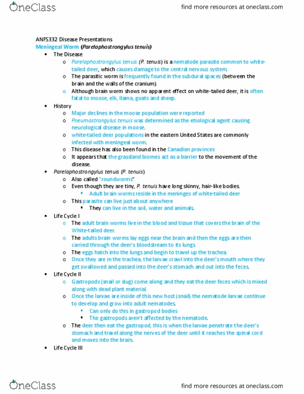 ANFS332 Lecture Notes - Lecture 32: Parelaphostrongylus Tenuis, Tenuis Consonant, Helminths thumbnail