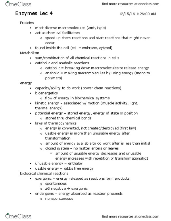 LIFESCI 2 Lecture Notes - Lecture 4: Gibbs Free Energy, Exergonic Reaction, Hexokinase thumbnail