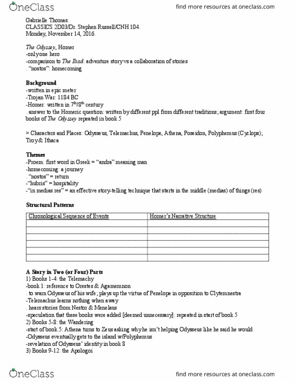 CLASSICS 2D03 Lecture Notes - Lecture 26: Dactylic Hexameter, Homeric Question, Odysseus thumbnail